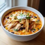 Close-up of a creamy chicken tortilla soup topped with tortilla strips, sour cream, and cilantro.