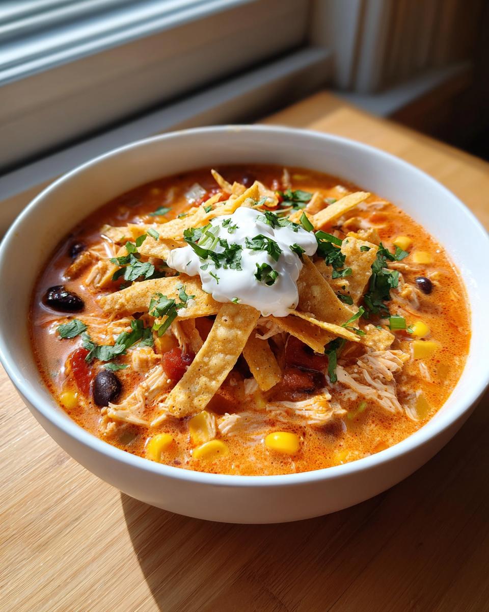 A close-up of a bowl of creamy chicken tortilla soup, topped with sour cream, tortilla strips, and cilantro.