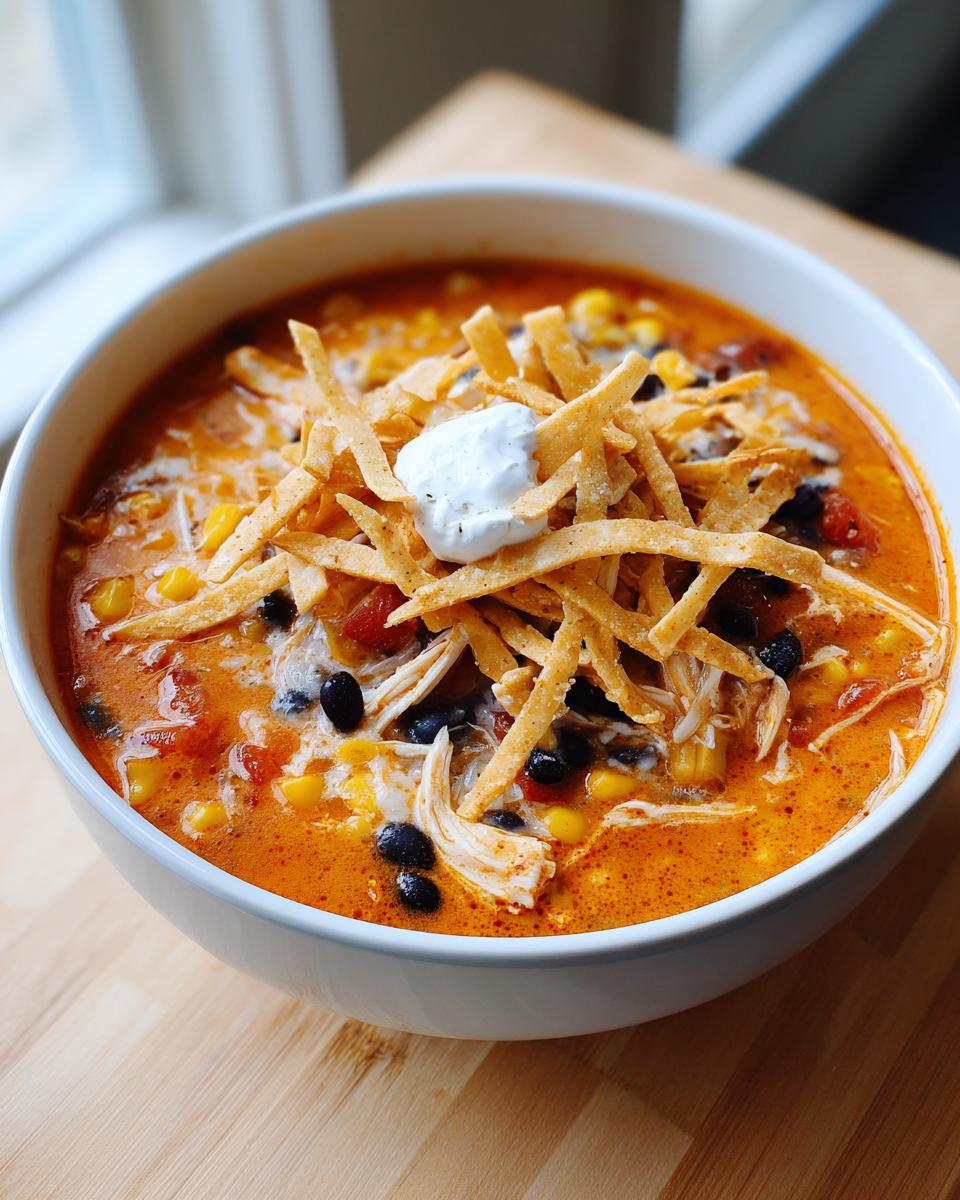 A close-up of a bowl of creamy chicken tortilla soup topped with crispy tortilla strips and sour cream.