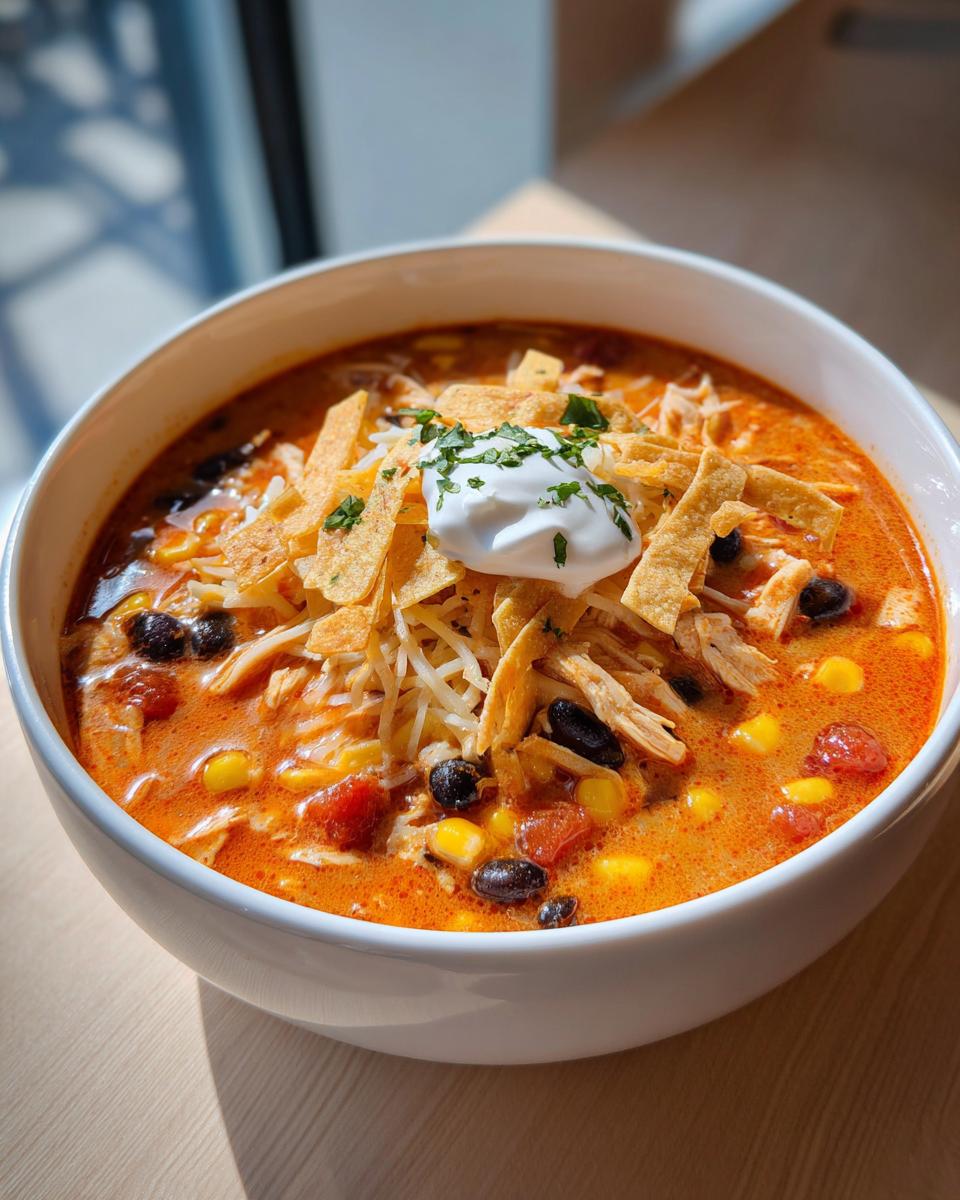 Close-up of a creamy chicken tortilla soup topped with shredded cheese, sour cream, and tortilla strips.