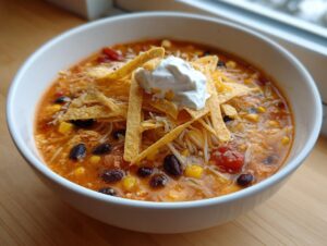A close-up of creamy chicken tortilla soup topped with shredded cheese, tortilla strips, and sour cream.