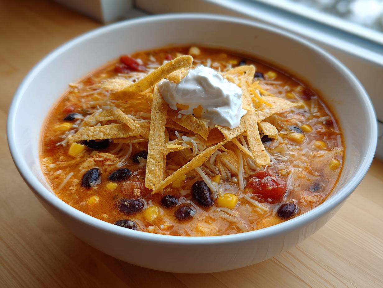 A close-up of creamy chicken tortilla soup topped with shredded cheese, tortilla strips, and sour cream.