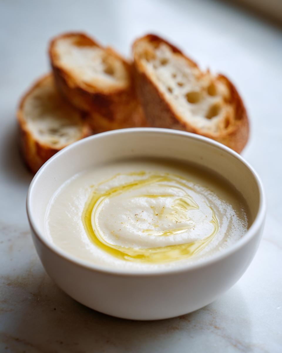 A close-up of a bowl of creamy white garlic soup, drizzled with olive oil, served with toasted baguette slices.