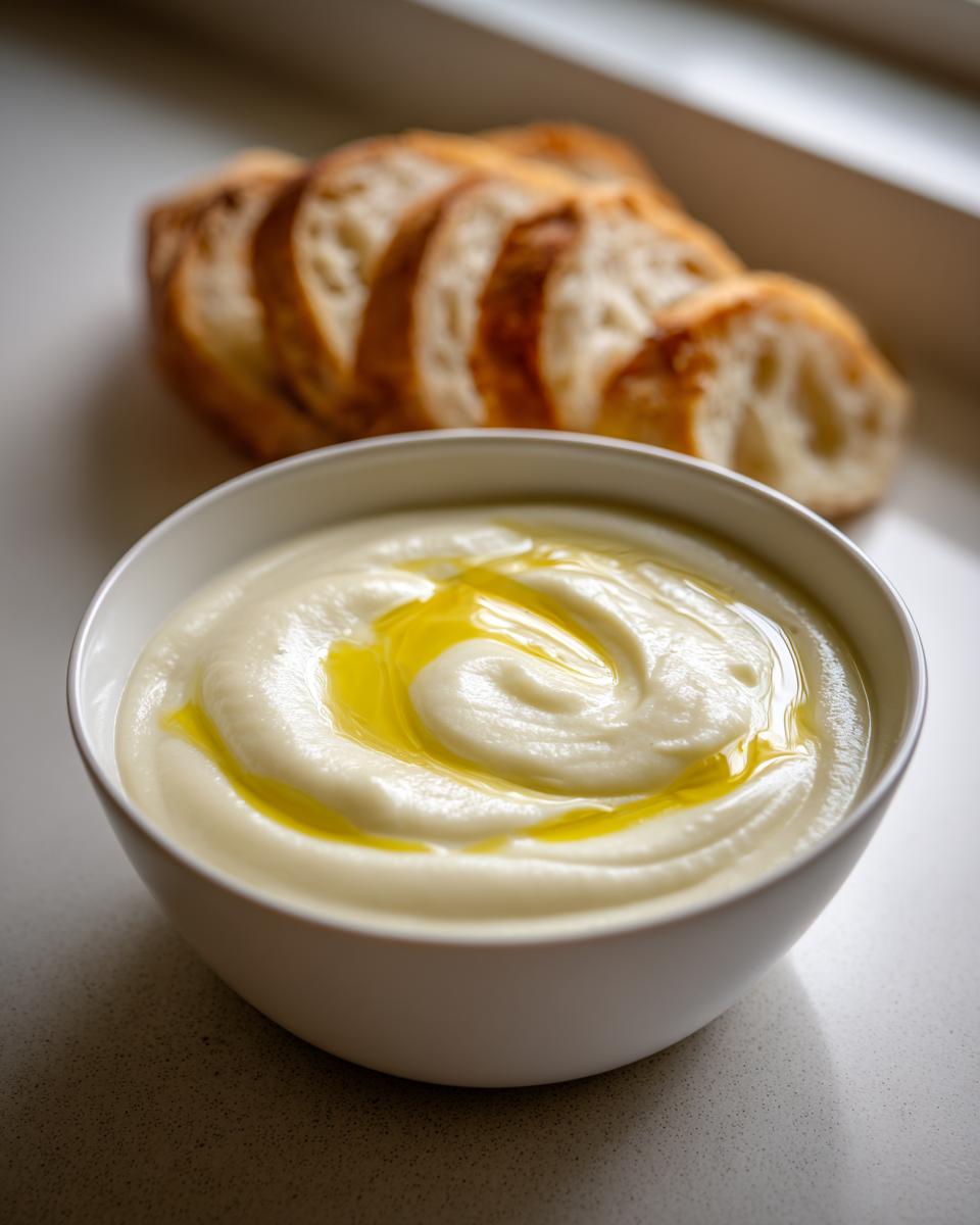 A bowl of creamy, white garlic soup topped with a swirl of bright yellow olive oil, served with sliced bread.