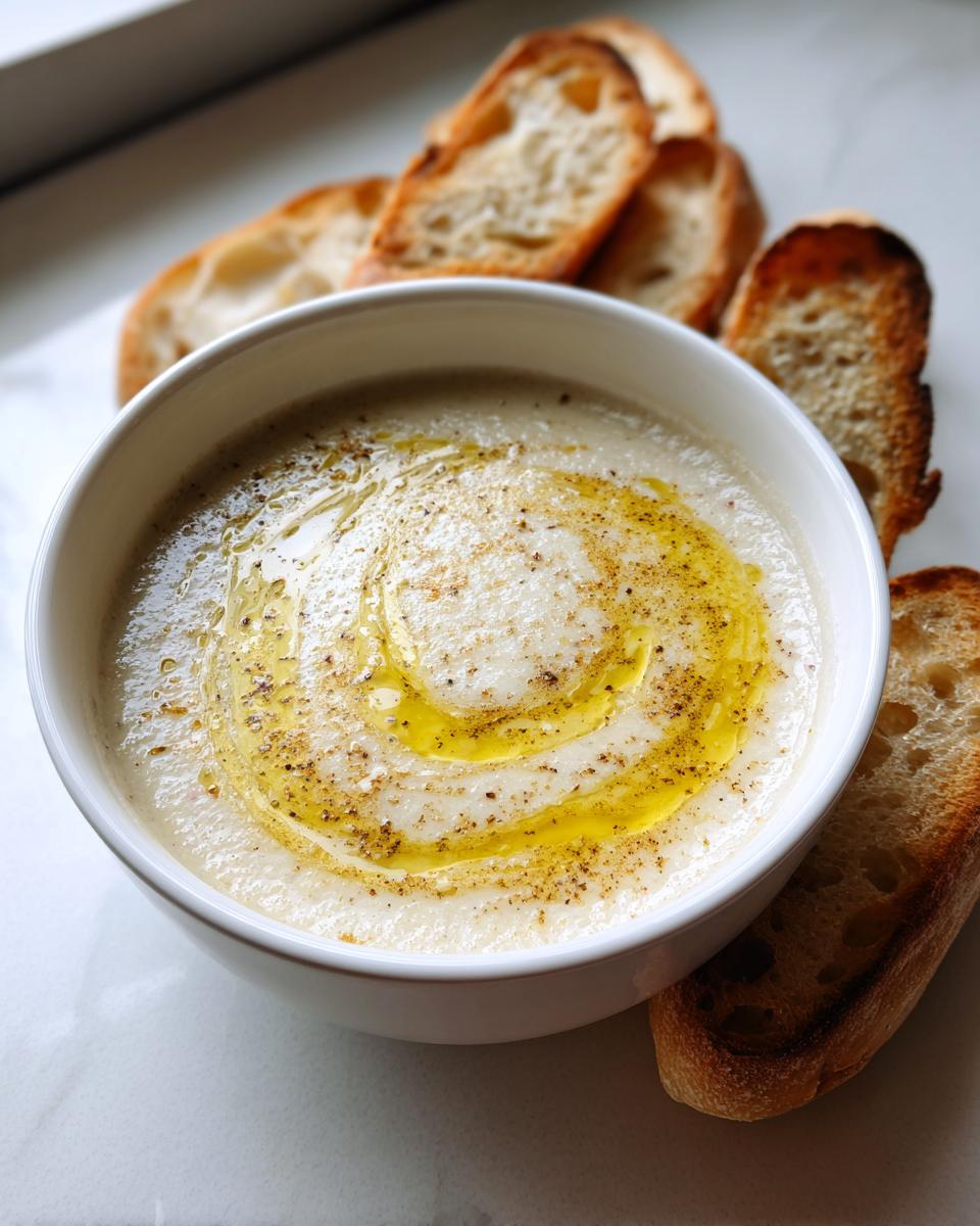 A bowl of creamy white garlic soup topped with a swirl of olive oil and black pepper, served with toasted baguette slices.