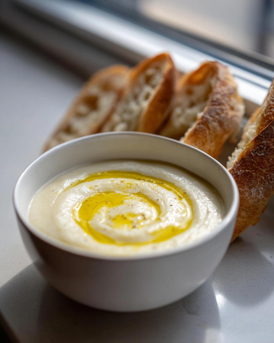 A white bowl filled with creamy garlic soup, topped with a swirl of golden olive oil and pepper, served with sliced baguette.