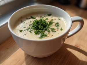 A close-up of creamy roasted cauliflower soup topped with fresh parsley and pepper in a white mug.