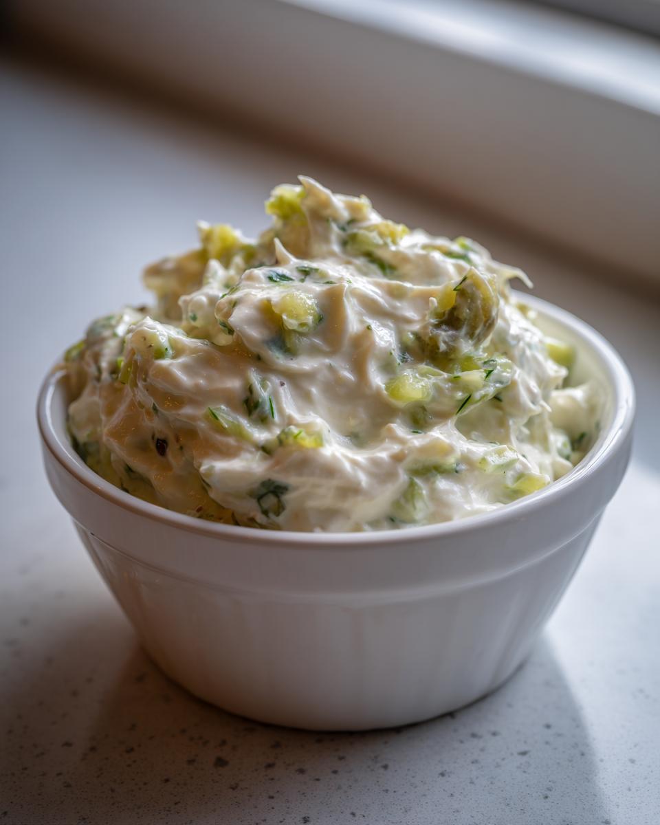 Close-up of a small white bowl filled with thick, creamy homemade tartar sauce recipe, featuring visible chunks of pickles and herbs.
