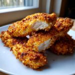 Close-up of golden brown, crispy air fryer chicken tenders stacked on a white plate, one is broken open showing white meat.