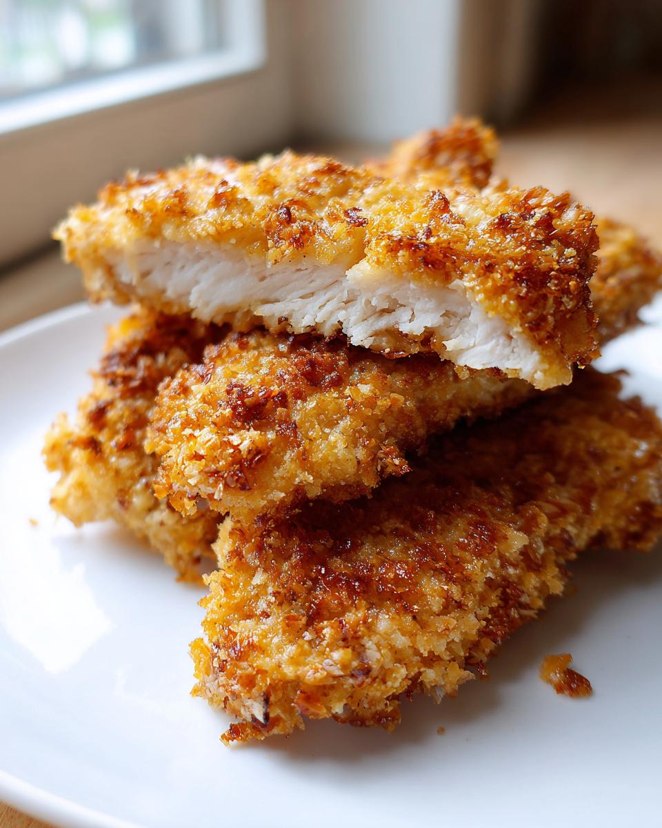 Close-up of crispy, golden brown air fryer chicken tenders stacked on a white plate, showing the juicy white interior.