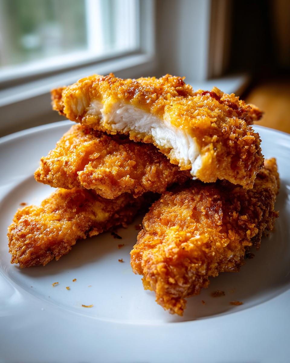 A stack of golden brown, crispy air fryer chicken tenders on a white plate, with one tender cut open showing juicy white meat.