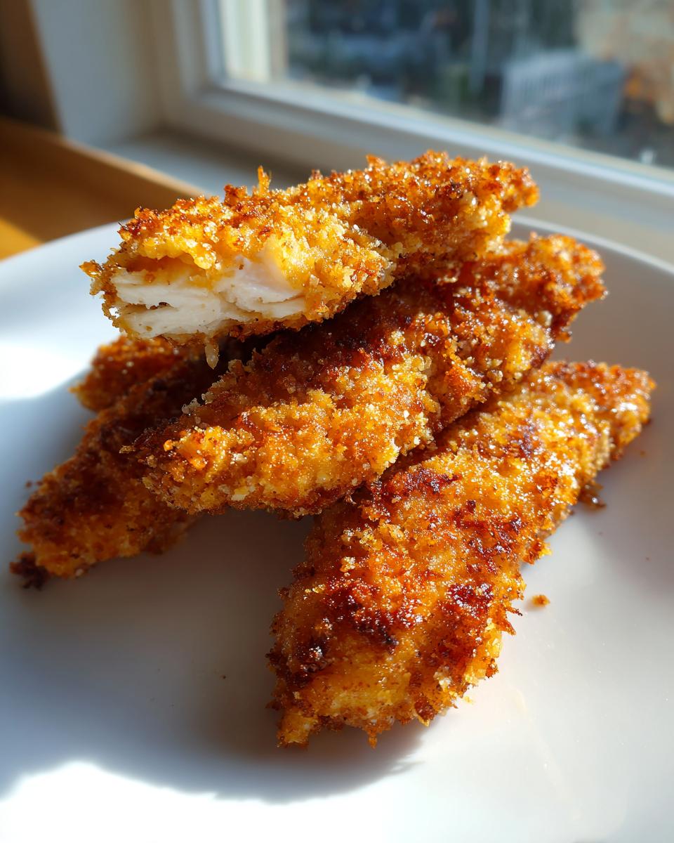 A stack of golden brown, crispy air fryer chicken tenders on a white plate, with one tender broken open showing the white meat inside.
