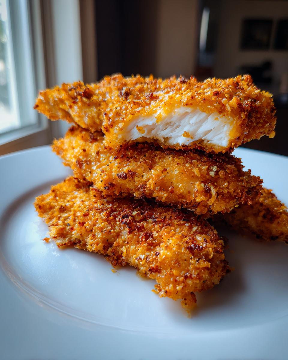 Close-up of a stack of golden brown, crispy air fryer chicken tenders, with the top one broken open showing white meat.