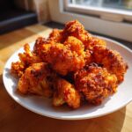 A pile of crispy, bright orange buffalo cauliflower bites served on a white plate near a window.