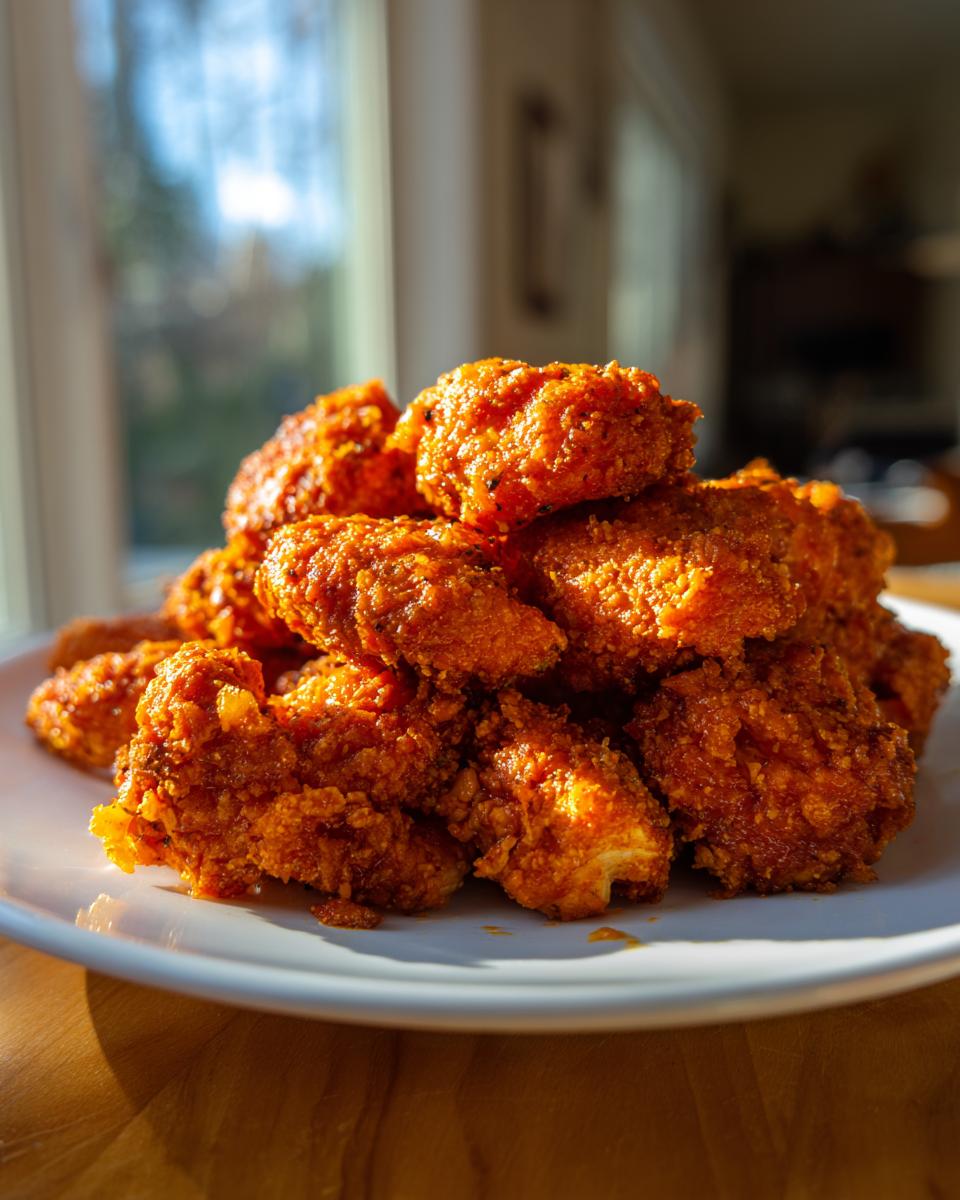 A mound of crispy, bright orange buffalo cauliflower bites piled high on a white plate, backlit by a window.