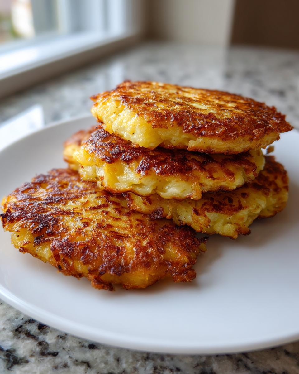 A stack of four golden-brown, crispy potato pancakes served on a white plate.
