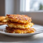 A stack of three golden-brown, crispy potato pancakes served on a white plate.
