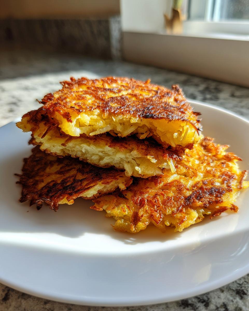 A stack of three golden-brown, crispy potato pancakes, one broken open to show the shredded interior.