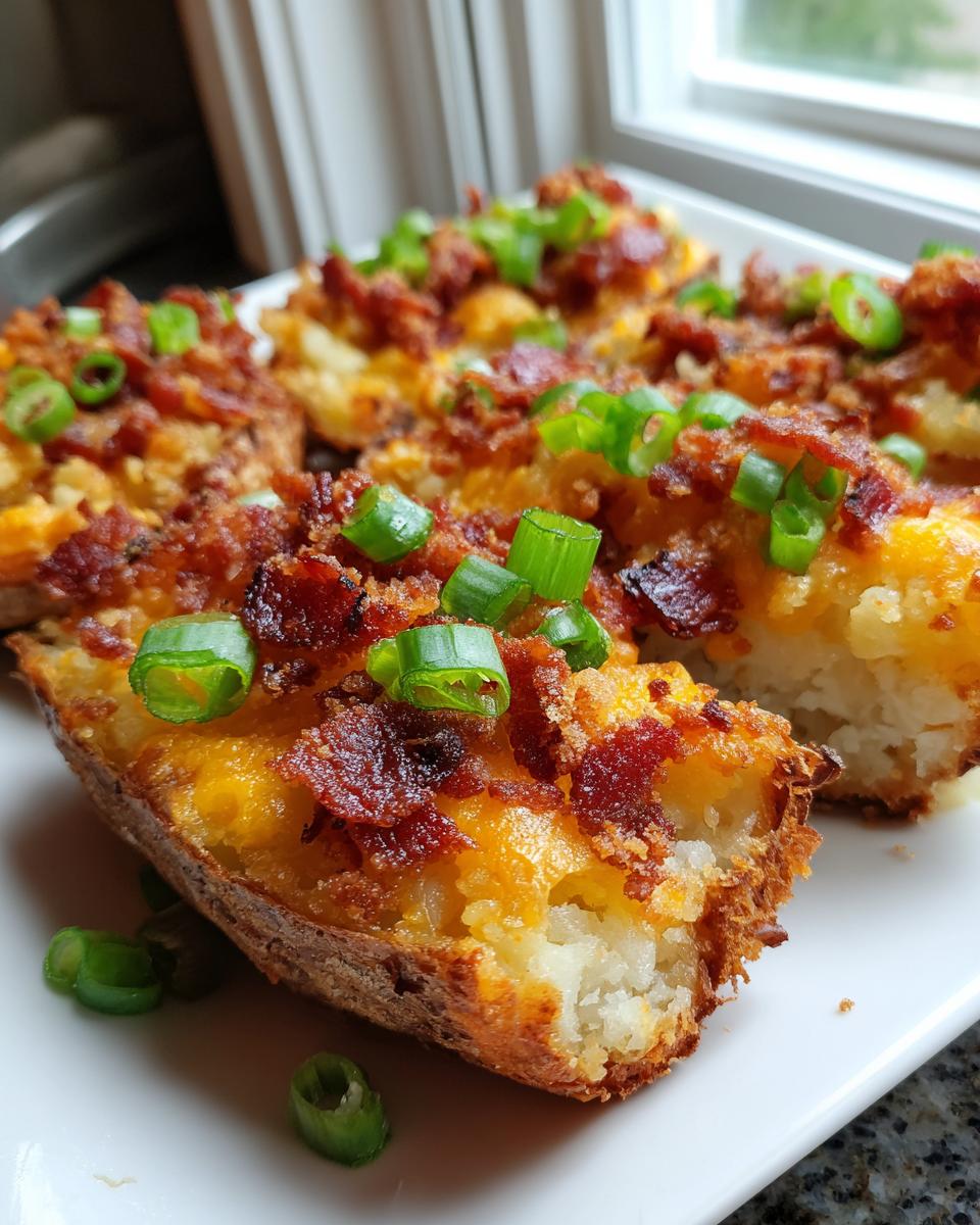 Close-up of crispy potato skins loaded with melted cheddar cheese, bacon bits, and fresh green onions.