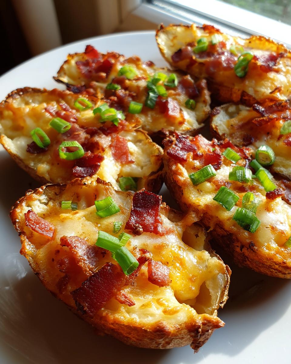 Close-up of crispy potato skins loaded with melted cheese, bacon bits, and fresh green onions.