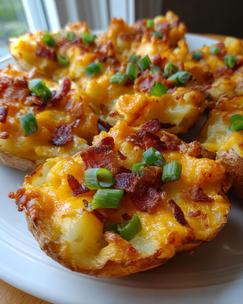 Close-up of freshly baked, crispy potato skins loaded with melted cheddar cheese, bacon bits, and green onions.