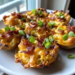 Close-up of crispy potato skins loaded with melted cheddar cheese, bacon bits, and fresh green onions.