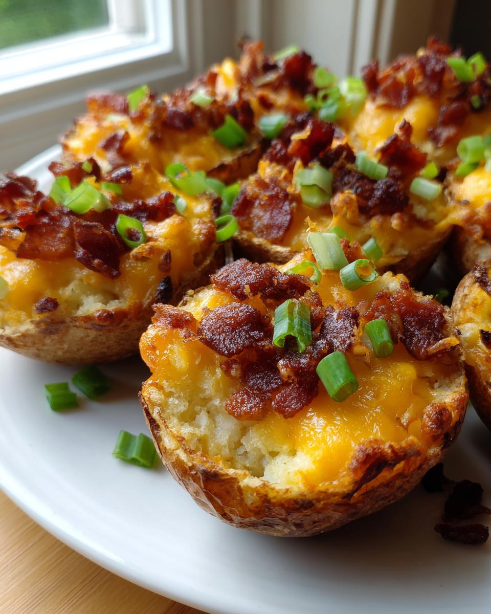 Close-up of crispy potato skins filled with melted cheddar cheese, bacon bits, and green onions.