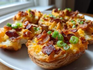 Close-up of several crispy potato skins loaded with melted cheddar cheese, bacon bits, and fresh green onions.
