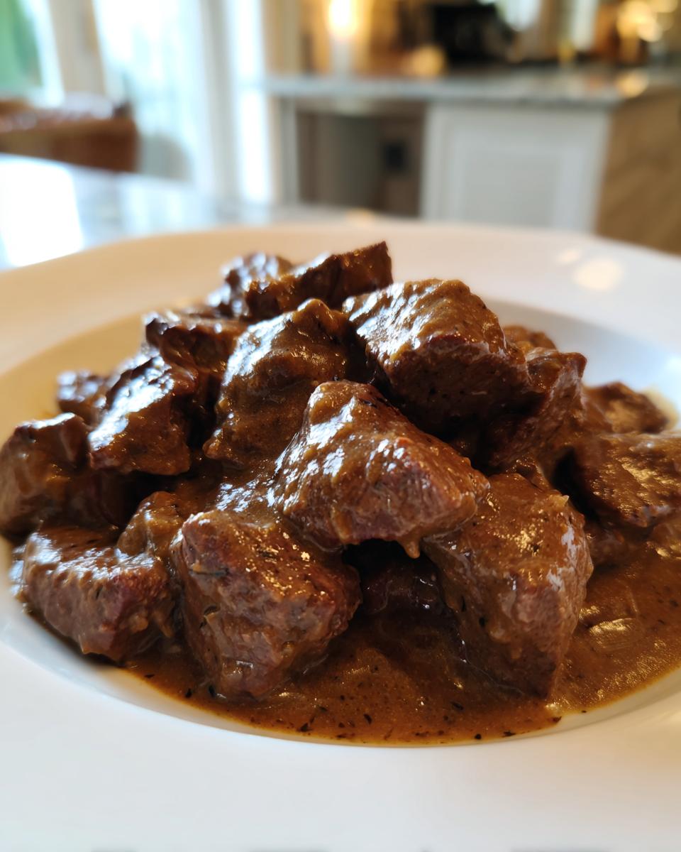 Close-up of tender crockpot beef tips smothered in a thick, savory brown gravy served in a white bowl.