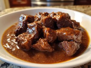Close-up of tender, rich brown crockpot beef tips swimming in thick savory gravy served in a white bowl.