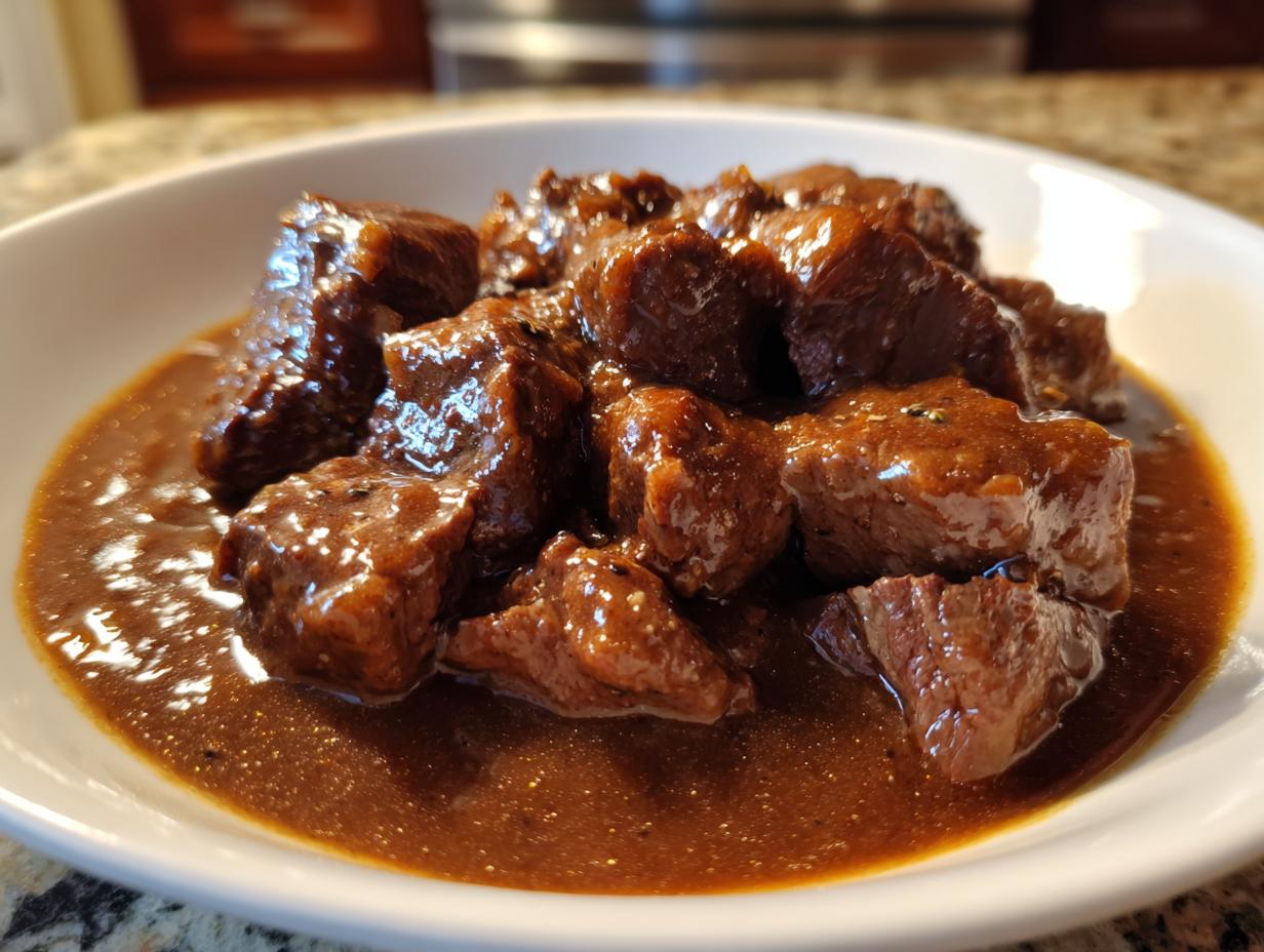 Close-up of tender, rich brown crockpot beef tips swimming in thick savory gravy served in a white bowl.