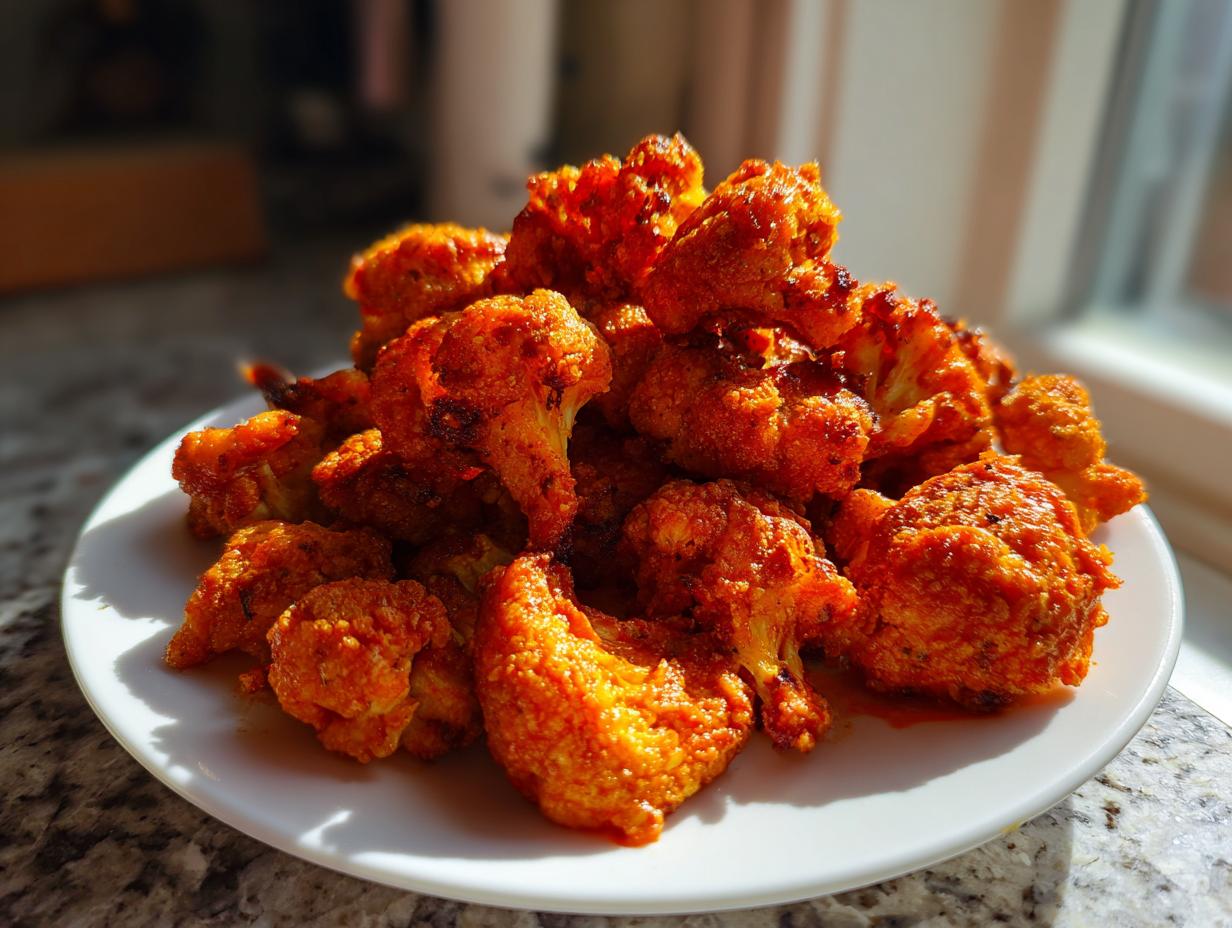 A close-up, featured image of a mound of crispy, bright orange buffalo cauliflower bites served on a white plate.