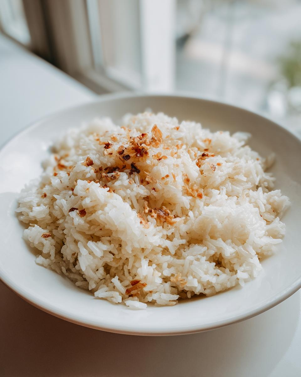 A white bowl filled with fluffy butter rice, topped with golden brown crispy garlic bits.