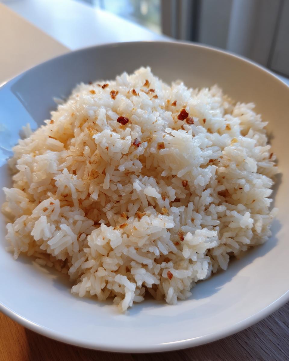 A close-up of fluffy white rice seasoned with browned bits, ready to eat, representing the amazing 1-minute butter rice.