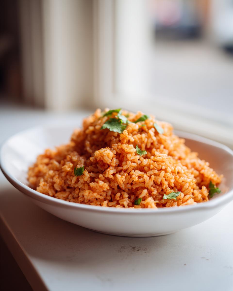 A close-up of fluffy, orange-red Mexican rice garnished with cilantro in a white bowl.