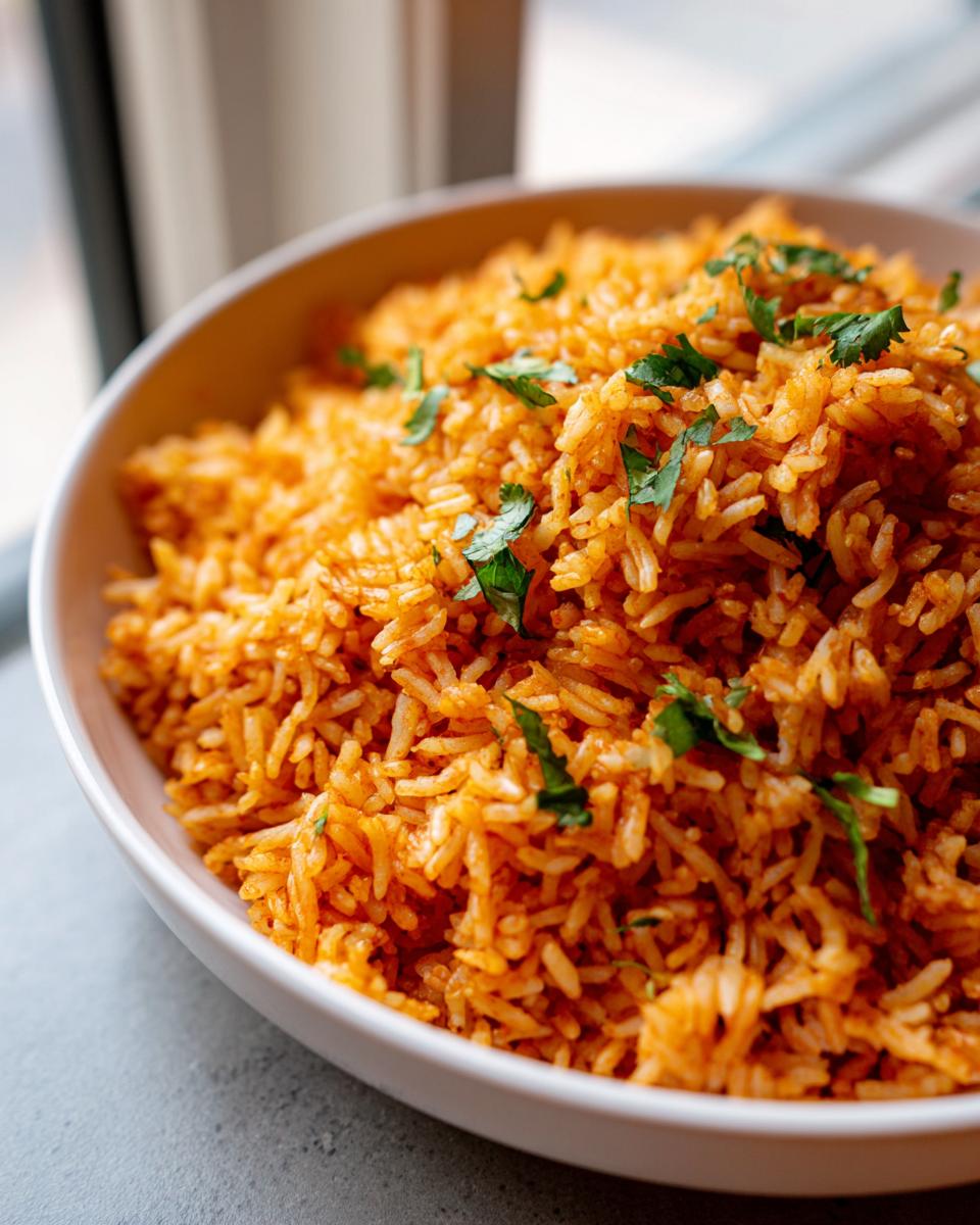 Close-up of perfectly cooked, vibrant orange Mexican rice garnished with fresh cilantro in a white bowl.