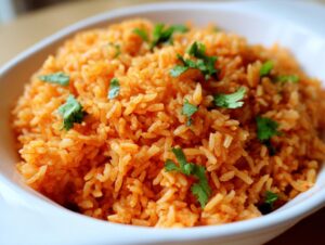 Close-up of fluffy, bright orange Mexican rice garnished with fresh cilantro leaves in a white bowl.