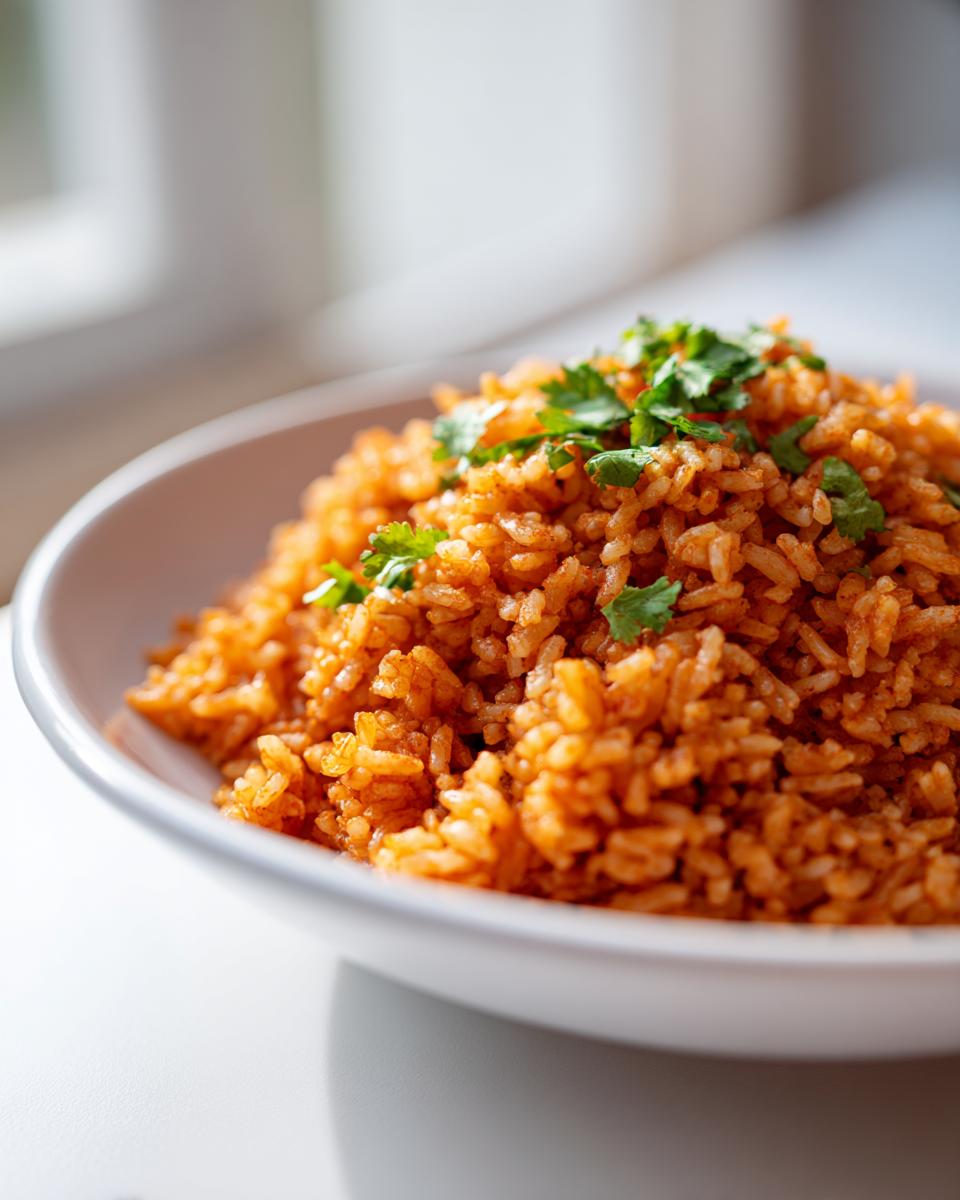 Close-up of vibrant orange Mexican rice topped with fresh cilantro in a white bowl.
