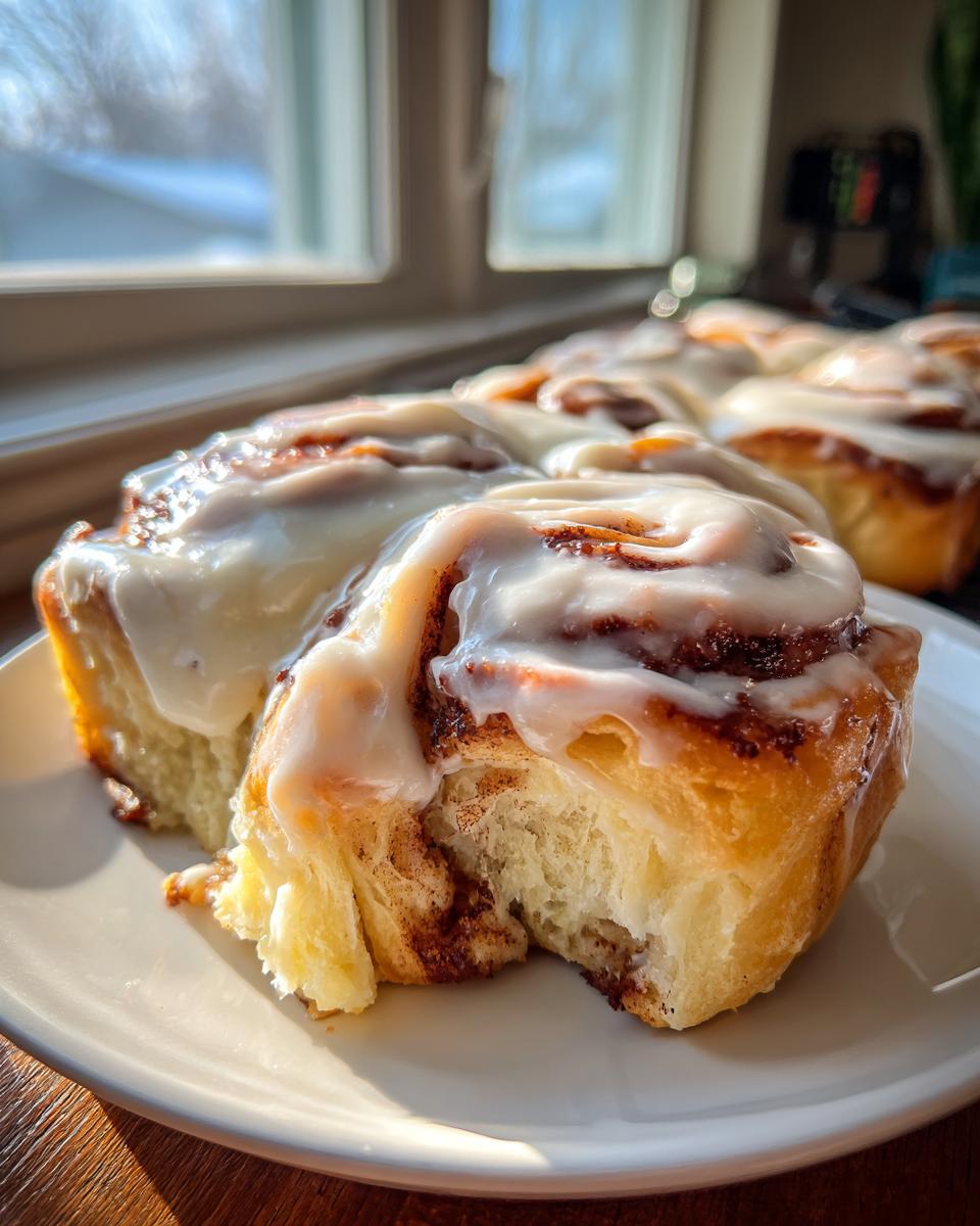 Close-up of a soft, freshly baked tiktok cinnamon roll with thick white frosting, showing a bite taken out.