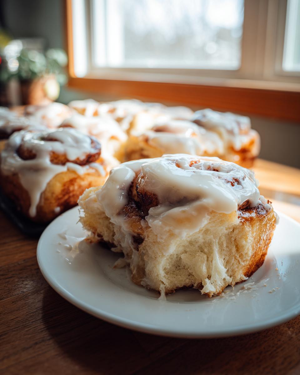 A close-up of a fluffy, pulled-apart tiktok cinnamon roll covered in white icing on a small white plate.