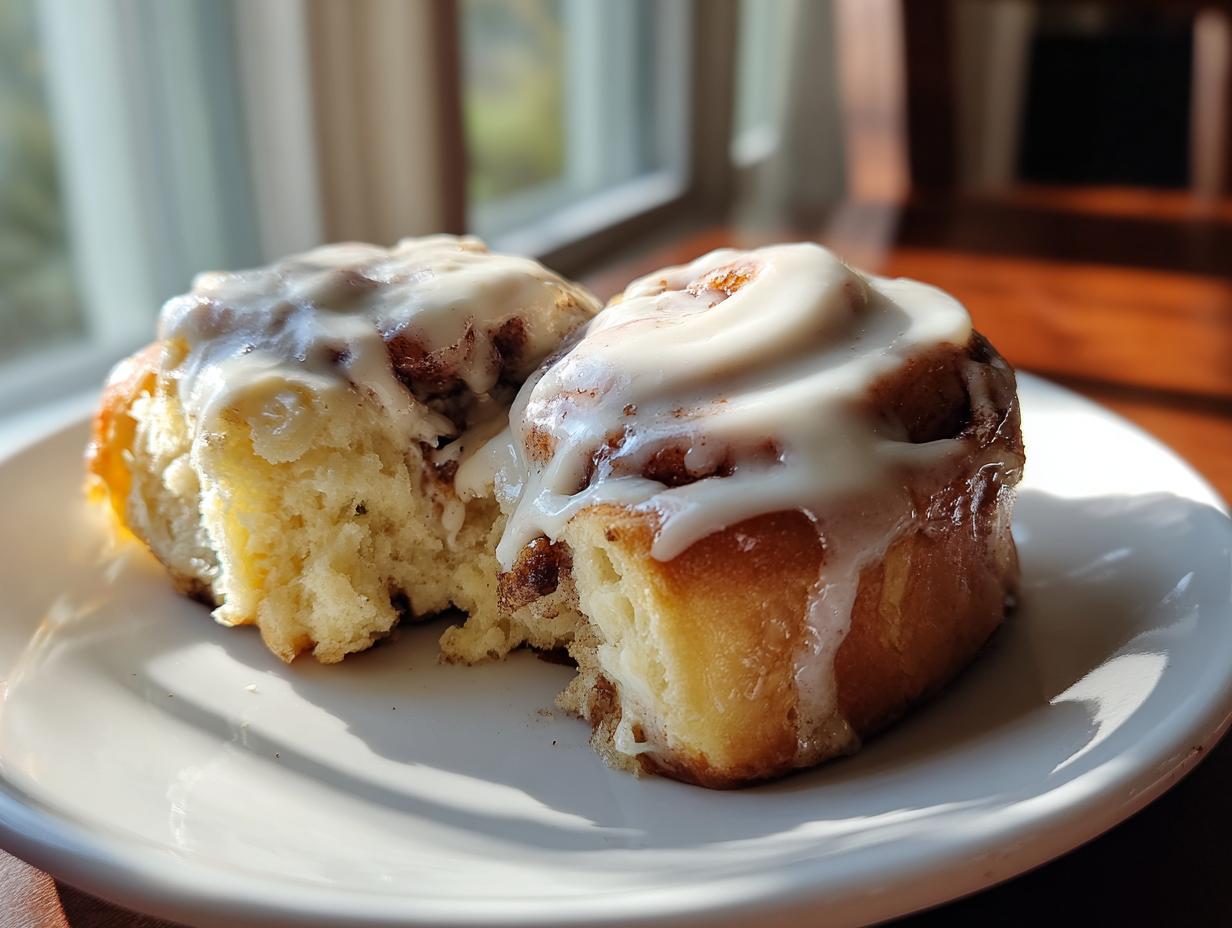 Two fluffy tiktok cinnamon rolls drizzled with white icing served on a white plate.