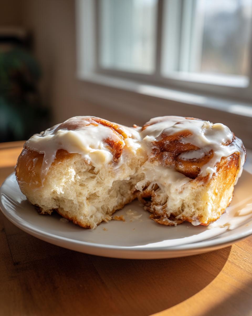 Close-up of two fluffy tiktok cinnamon rolls, one broken open to show the soft interior and thick cream cheese frosting.