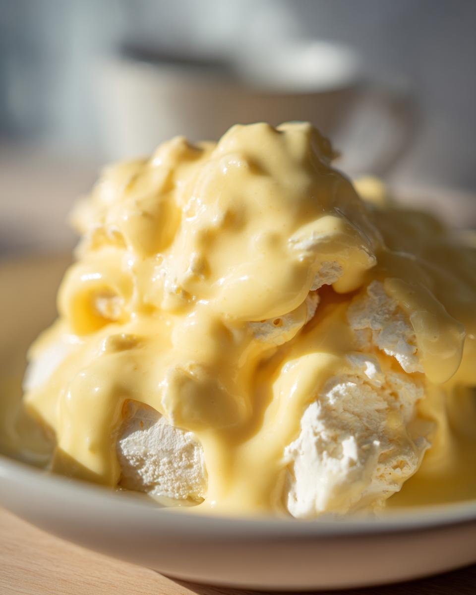 Close-up of creamy, rich hollandaise sauce generously poured over what appears to be poached eggs or a similar white base.
