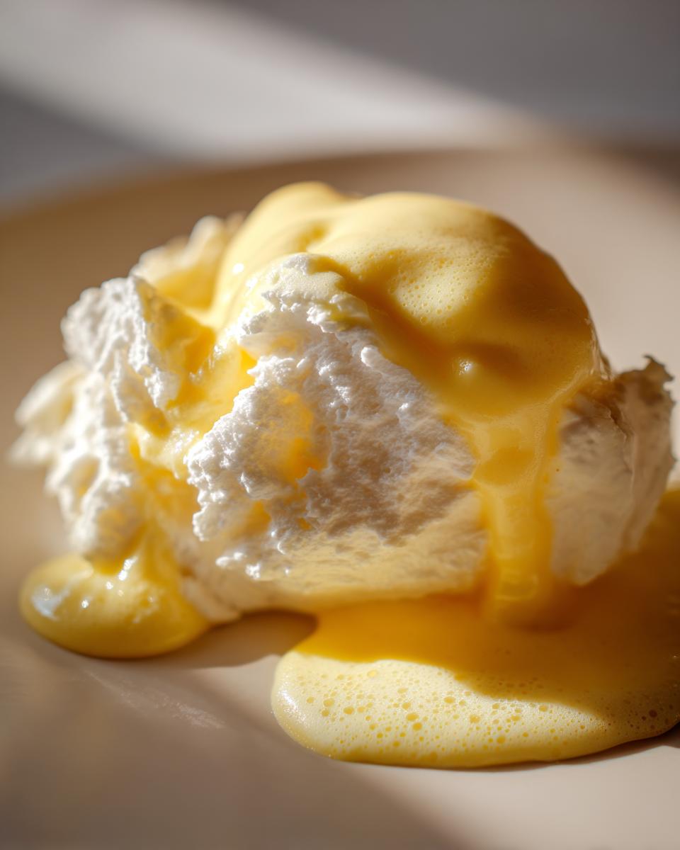 Close-up of rich, yellow hollandaise sauce generously poured over a fluffy poached egg.