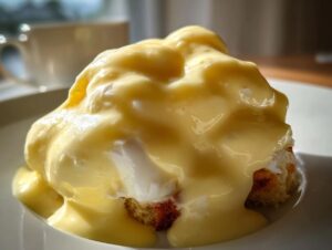 Close-up of Eggs Benedict smothered in thick, creamy hollandaise sauce.