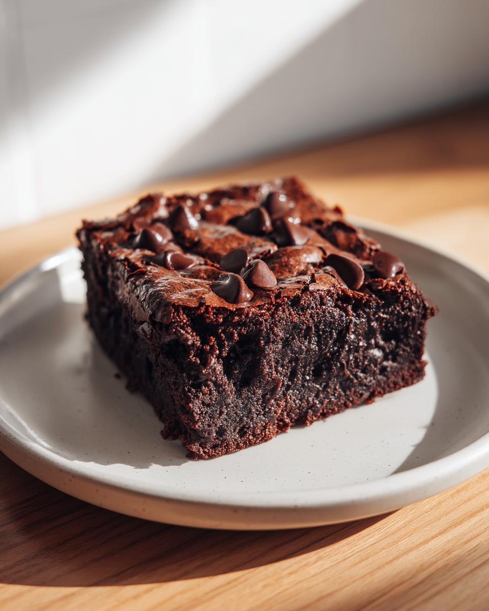 A close-up of a fudgy, dark chocolate black bean brownies square topped with melted chocolate chips.
