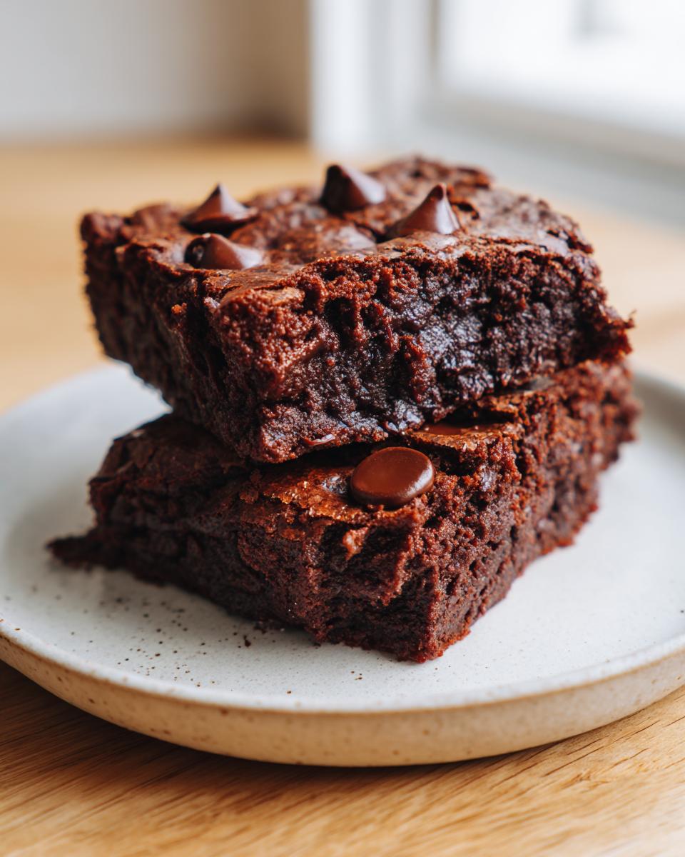 Two fudgy black bean brownies stacked on a speckled white plate, topped with melted chocolate chips.