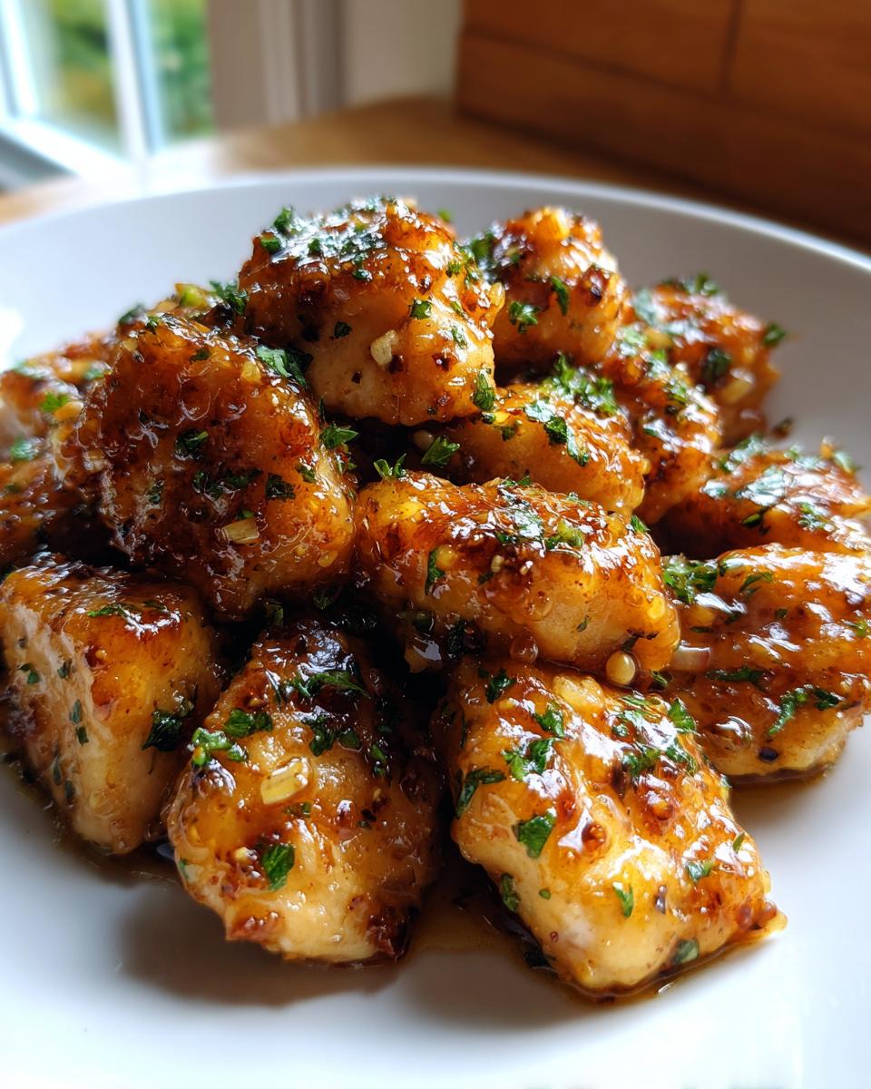 A close-up of golden, glazed chicken bites tossed in a sticky sauce and sprinkled with fresh parsley.