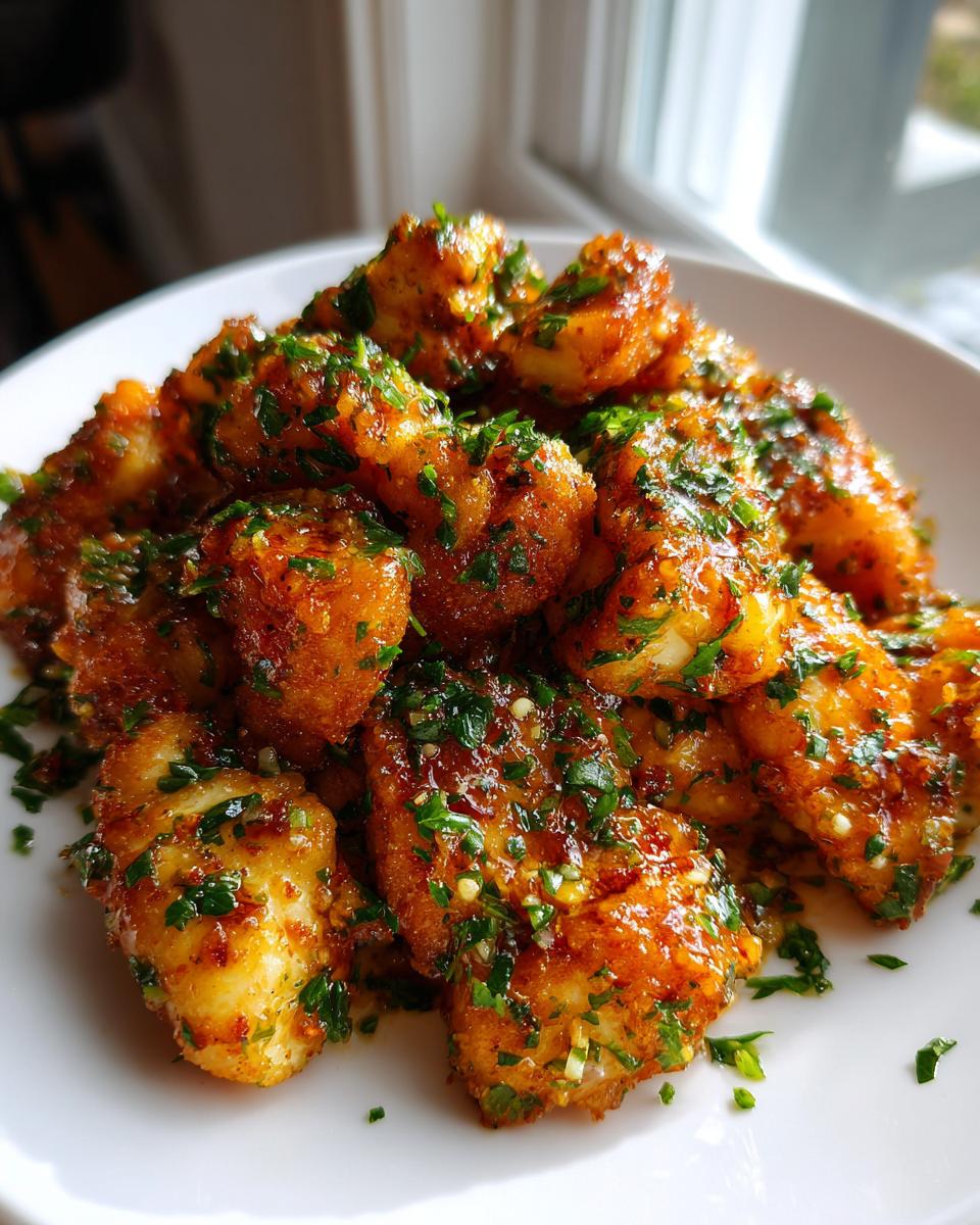 A plate piled high with golden brown, glazed chicken bites, garnished generously with chopped fresh parsley.
