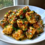 A white bowl piled high with golden brown, glazed chicken bites garnished with fresh chopped parsley.